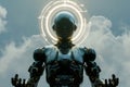 android with around head on sky with clouds background, AI god concept Royalty Free Stock Photo