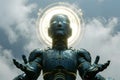 android with around head on sky with clouds background, AI god concept Royalty Free Stock Photo