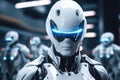 Android artificial intelligence in the city, the future and robots. Robot man, police guard. generative ai