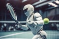 Android artificial intelligence in the city, the future and robots. The robot plays tennis. generative ai