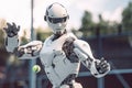 Android artificial intelligence in the city, the future and robots. The robot plays tennis. generative ai