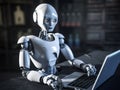 Android artificial intelligence robot cyborg working on a laptop in office, robot replace human work force, generative AI