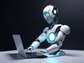 Android artificial intelligence robot cyborg working on a laptop in office, robot replace human work force, generative AI