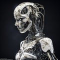 Android, cyborg and female robot machine isolated on black background, new future technology or ai generated innovation