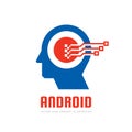 Android digital human head vector logo concept illustration. Creative idea sign. Learning icon. People computer chip. Innovation