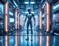 Android in a futuristic corridor