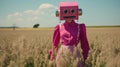 Pink Robot Woman In A Field Of Tall Grass: A Social Media Portraiture Royalty Free Stock Photo