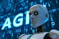 Android head on abstract cybernetic data background with word AGI for Artificial General Intelligence Royalty Free Stock Photo