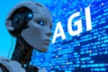 Android head on abstract cybernetic data background with word AGI for Artificial General Intelligence Royalty Free Stock Photo