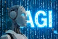 Android head on abstract cybernetic data background with word AGI for Artificial General Intelligence Royalty Free Stock Photo