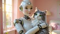Android holding a grey cat with green eyes in a bright, sunlit room robot humanoid Royalty Free Stock Photo