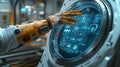 An android loading clothes into a futuristic washing machine in a high-tech laundry facility