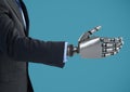 Android Robot businessman hand open for handshake with blue background