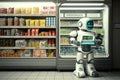 android robot checking out customer's items at futuristic grocery store