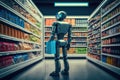 android robot checking out customer's items at futuristic grocery store