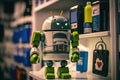 android robot, checking out the latest gadgets and accessories at electronics store