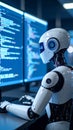Android Robot Coding Data on Computer Monitors in an Office Setting for Artificial Intelligence and Machine Learning Royalty Free Stock Photo