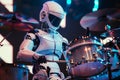 Android robot drummer playing drums at a pop music concert Royalty Free Stock Photo