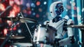 Android robot drummer playing drums at a pop music concert Royalty Free Stock Photo