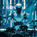 Android robot drummer playing drums at a pop music concert Royalty Free Stock Photo