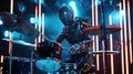Android robot drummer playing drums at a pop music concert Royalty Free Stock Photo