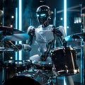 Android robot drummer playing drums at a pop music concert Royalty Free Stock Photo