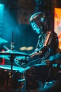 Android robot drummer playing drums at a pop music concert Royalty Free Stock Photo