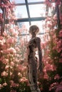 Android robot grows flowers in a large greenhouse, future farming technology,
