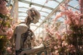 Android robot grows flowers in a large greenhouse, future farming technology