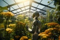 Android robot grows flowers in a large greenhouse, future farming technology,