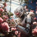 Android robot grows flowers in a large greenhouse, future farming technology