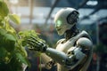 Android robot grows vegetables and greens in a large greenhouse