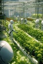 Android robot grows vegetables and greens in a large greenhouse,