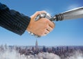 Android Robot hand shaking businessman hand with blue city background Royalty Free Stock Photo