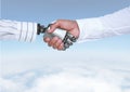 Android Robot hand shaking businessman hand with sky background Royalty Free Stock Photo