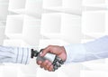 Android Robot hand shaking man hand with bright background Royalty Free Stock Photo