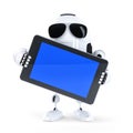 Android robot holding blanc screen mobile device