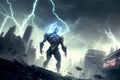 Android robot invasion in a street with a lightning bolt causing total apocalyptic destruction of an invaded city Royalty Free Stock Photo