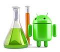 Android robot with laboratory glassware. 3D illustration. Isolated. Illustrative editorial