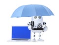 Android robot with laptop and umbrella. Security concept. Isolated. Contains clipping path of entire scene and laptop screen Royalty Free Stock Photo