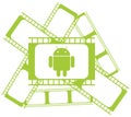 Android robot on motion picture film, color, isolated.