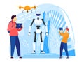 Android robot, people control futuristic technologies with modern gadgets, vector illustration