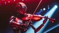 An android robot playing a violin at an orchestral classical music concert performing as part of the orchestra