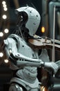 An android robot playing a violin at an orchestral classical music concert