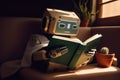 Android robot reads a book, AI generative