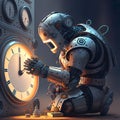 An android robot repairing a clock. Created with Generative AI