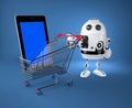 Android robot with shopping car Royalty Free Stock Photo