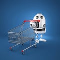 Android robot with shopping cart. Rendered over blue background