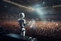 Android robot singing in big hall for audience, artificial intelligence music concept