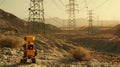 Android Robot Surveying Power Grid in Desert Landscape Royalty Free Stock Photo